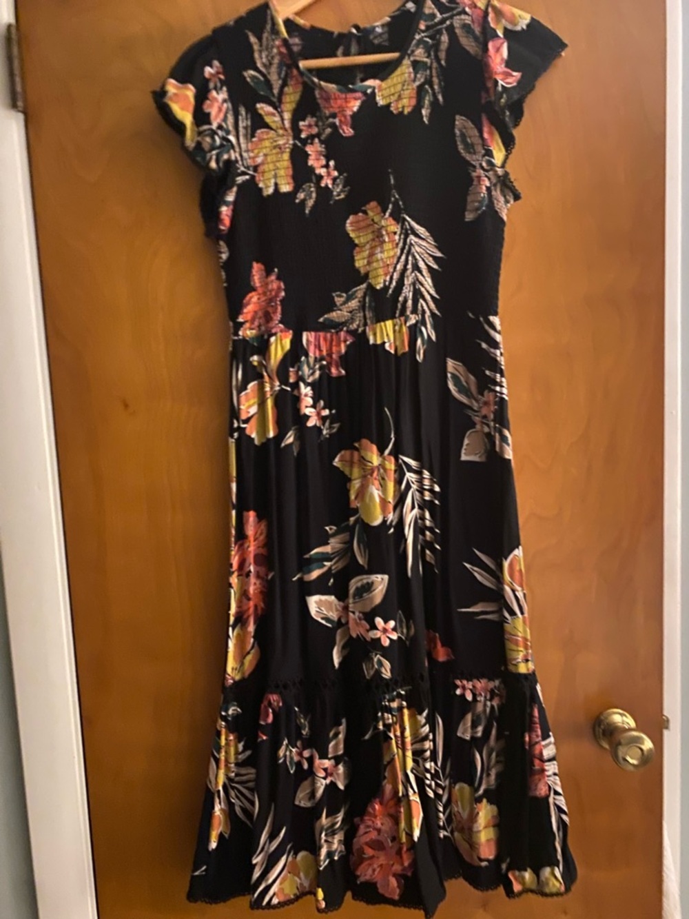 Women's Black Floral Maxi Dress with Yellow & Pink Accents
